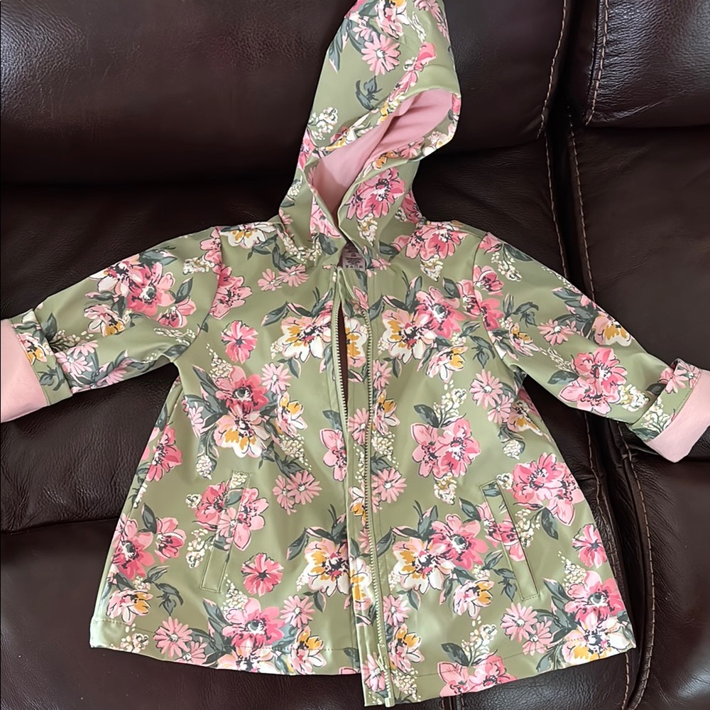 Little Me Pink and Green Floral Raincoat with Hood